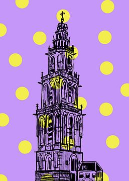 Martinitoren Groningen paars met gele stippen van Janet Edens