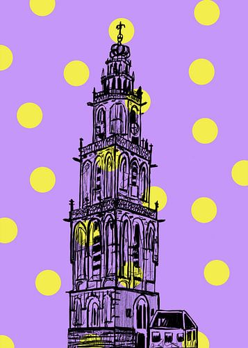 Martinitoren Groningen paars met gele stippen van Janet Edens