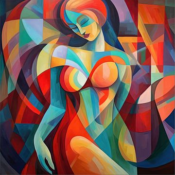 Abstraktes Gemälde einer Frau in leuchtenden Farben von Wunderbare Kunst