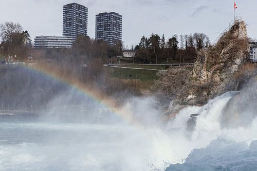 Bezienswaardigheid bij de Rijnwaterval: watermassa’s storten zich naar beneden naast een prachtige regenboog van Besa Art
