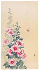 Ohara Koson - Biene und Gewöhnliche Stockrose (bearbeitet)