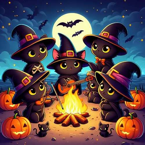 Schattige zwarte katten spelen muziek op Halloweenavond