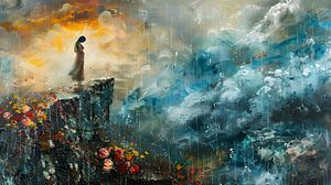 Femme sur un rocher dans des nuages lourds et sous la pluie