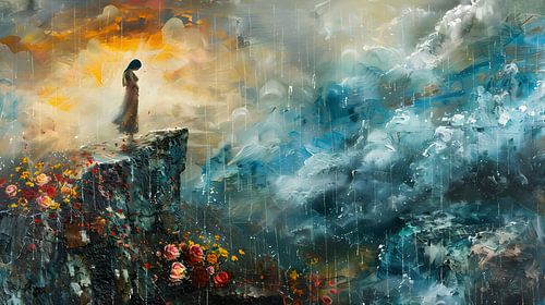 Vrouw op rots in zware wolken en regen