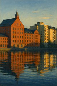 Stockholm Industrie Spiegelung: Sonnenuntergang am Kanal