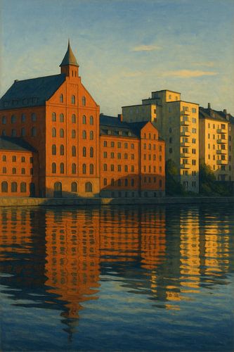 Industriële reflectie in Stockholm: Zonsondergang aan het kanaal