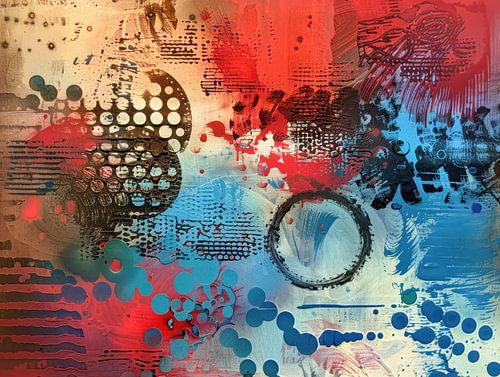 Rood Blauw Abstract - Ritmisch Grafisch Schilderij