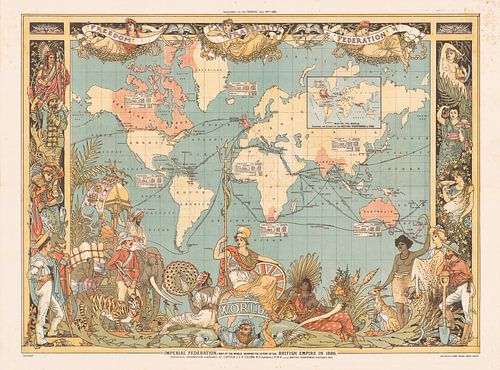 Wereldkaart met de omvang van het Britse Rijk in 1886, Walter Crane