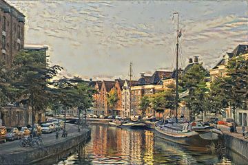 Schilderij van Groningen: Zicht op Hoge Der Aa vanaf Groningse A-brug
