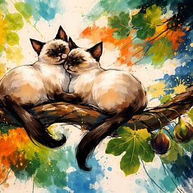 Zwei Siamesen in einem Feigenbaum von Linda de Klein