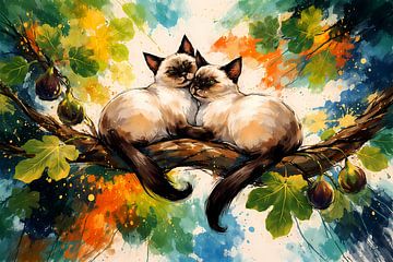 Two Siamese cats in a fig tree by Linda de Klein