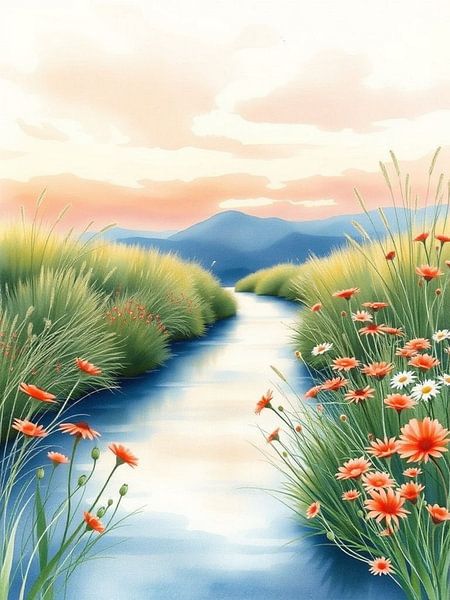 Serene Meadow Stream : Un voyage vibrant en aquarelle à travers l&#039;étreinte de la nature par Artistic