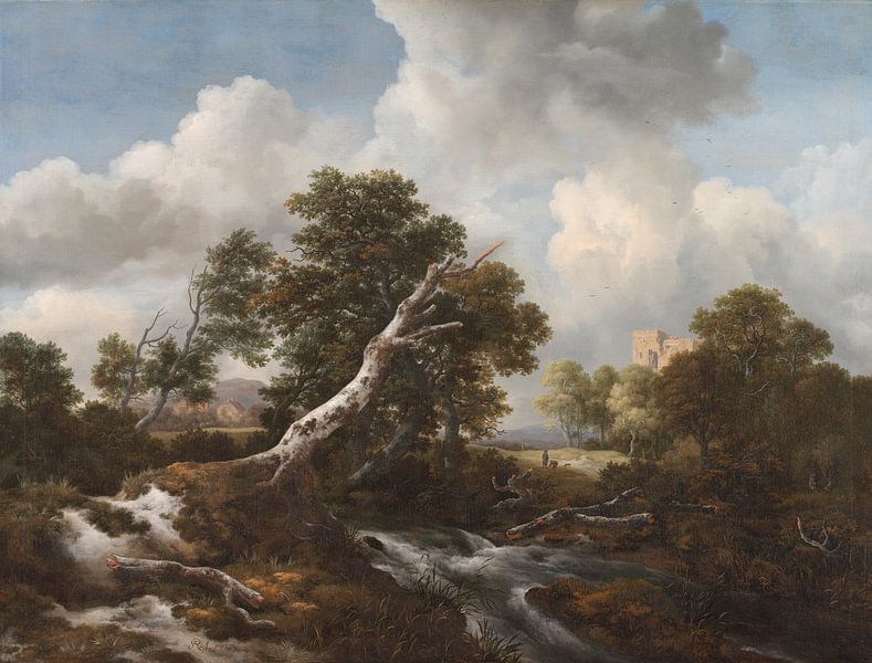 Lage waterval in een bosrijk landschap met een dode beuk, Jacob van Ruisdael van Meesterlijcke Meesters