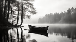 Schwarz-Weiß-Bild mit See und Holzboot im Nebel mit hohen Bäumen im Hintergrund