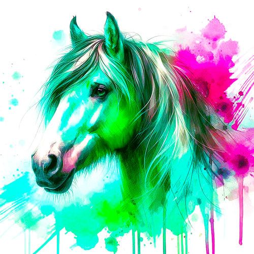 Aquarelle abstraite couleur néon d'un cheval