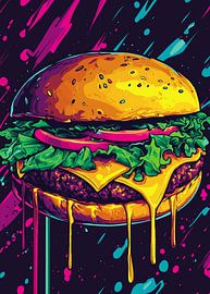 Burger au néon dans une explosion pop art