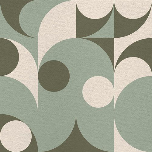 Géométrie d'inspiration Bauhaus et rétro des années 70 dans des tons pastels. Vert et beige.