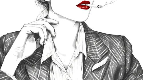 Zakenvrouw met sigaret en rode lippenstift