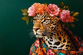 Leeuw met bloemenkrans en stof van Poster Art Shop