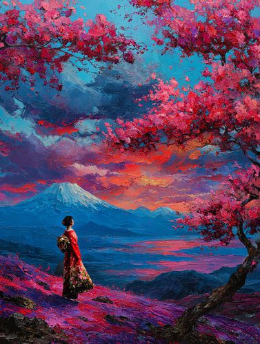 Oil painting: Geisha in a Japanese landscape