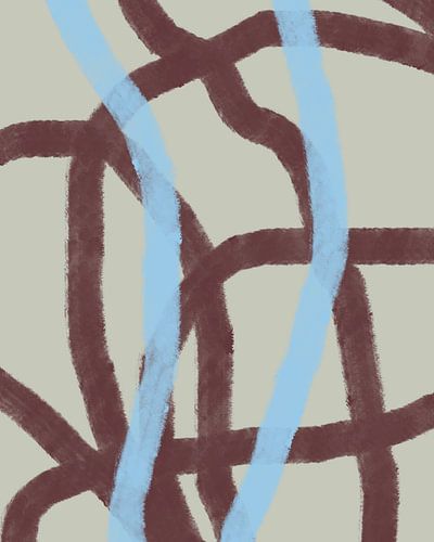 Retro 70s geïnspireerd schilderij met penseelstrepen in neon blauw, warm bruin rood, gebroken wit