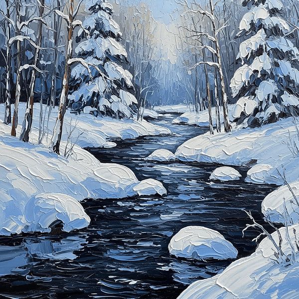 A Textured Oil Painting of a Snowy Forest Stream by Artistic