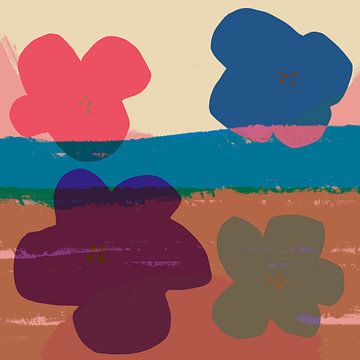 Bloemen. Pop-art. Modern kleurrijk botanisch in bruin, blauw, roze van Dina Dankers