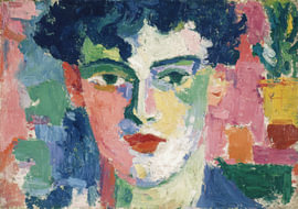 Portrait abstrait aux couleurs vives avec une rayure verte sur le nez sur Niklas Maximilian