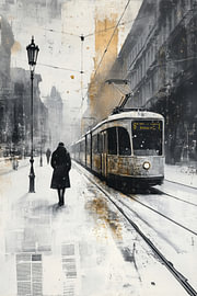 Wintertrambahn Prag – Ruhiges Gemälde in Weiß und Gold von BowiScapes – Kunst und urbane Wandgestaltung