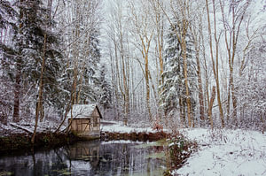 Winter am kleinen Häuschen am Teich