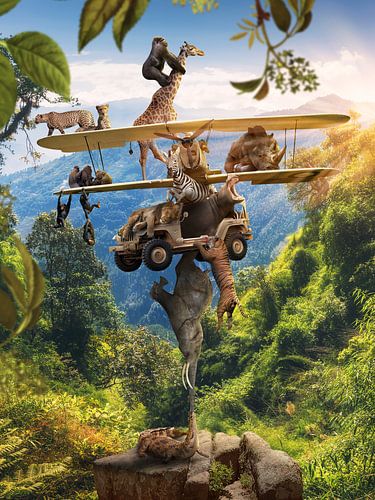 Lustiger Dschungelaufdruck mit wilden Tieren beim Balancieren