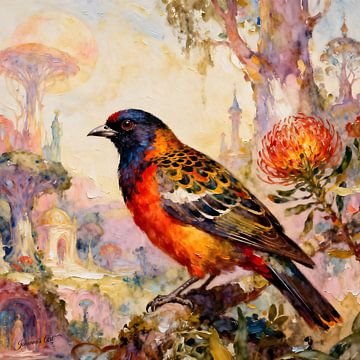Prachtige vogels van de wereld - Vlam-bloemvogel van Johannas Art Creations