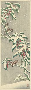 Ohara Koson - Spatzen auf verschneitem Johannisbeerstrauch (bearbeitet)