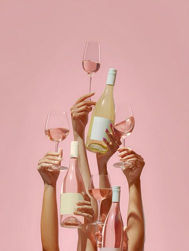 Composition élégante de vin rosé avec mains flottantes sur fond rose pastel