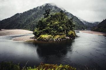 River bend with green island - New Zealand by Rowan van der Waal