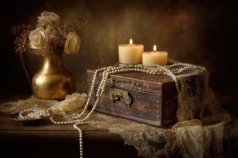 Antike Schatulle und Kerzen - Mysteriöse Malerei von Joriali Fine Art