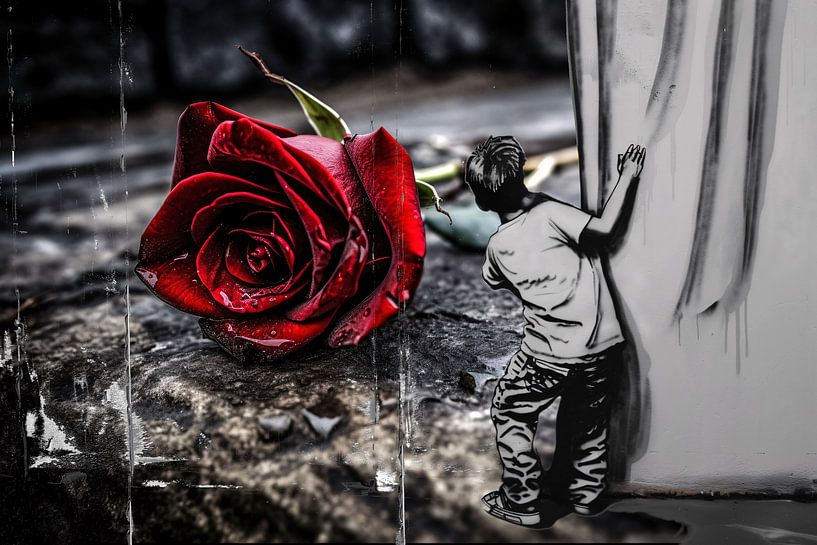 Jongen en Roos tegen Contrastmuur van Art & Soul Creations