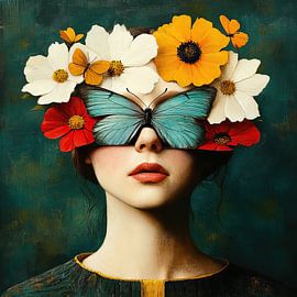 Bandeau papillon - Portrait avec fleurs et papillon sur Peintures accrocheuses