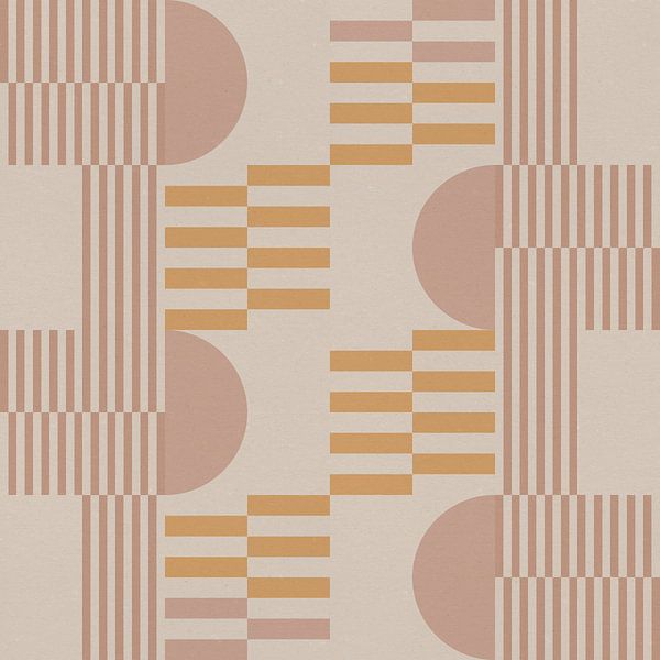 Geometrische kunst in retrostijl. Cirkels en strepen in roze en geel nr. 1 van Dina Dankers