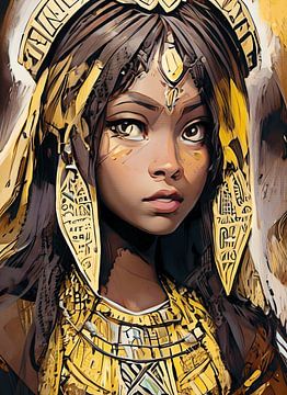 Jonge afrikaanse prinses met geel bruin en zwart gekleurd