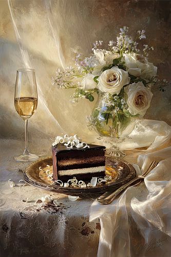 Chocoladetaart met Champagne en Witte Rozen - Elegant Dessert Stilleven