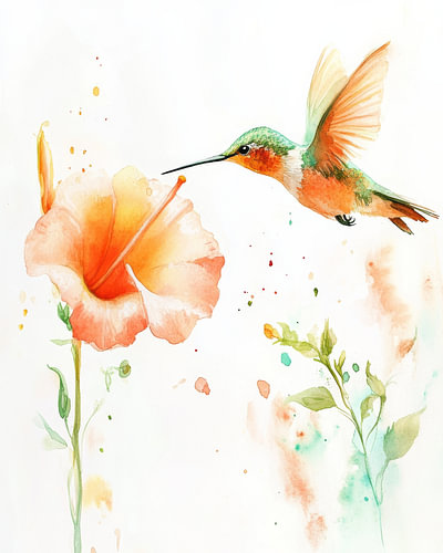 Kolibri bei einem pfirsichfarbenen Hibiskus in Aquarellkunst