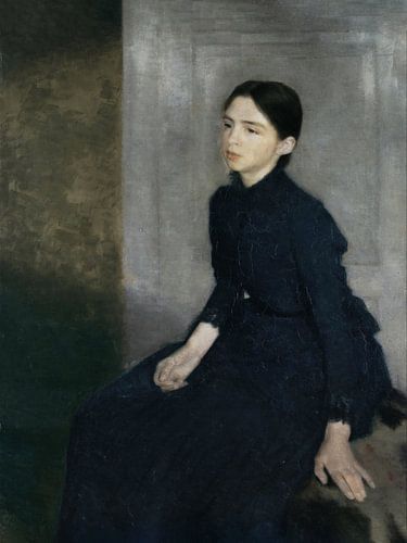 Portret van een jonge vrouw in blauwe jurk