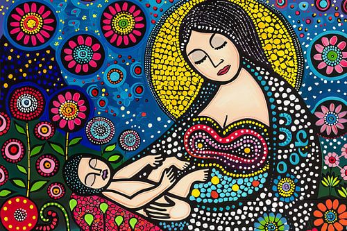 Digitaal abstract schilderachtig portret fictieve vrouw en kind