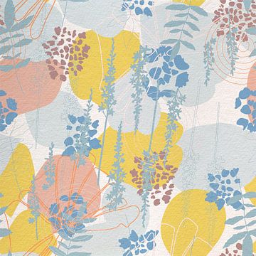 Blumen im Retro-Stil. Moderne abstrakte botanische Kunst in blau, gelb. rosa, weiß von Dina Dankers