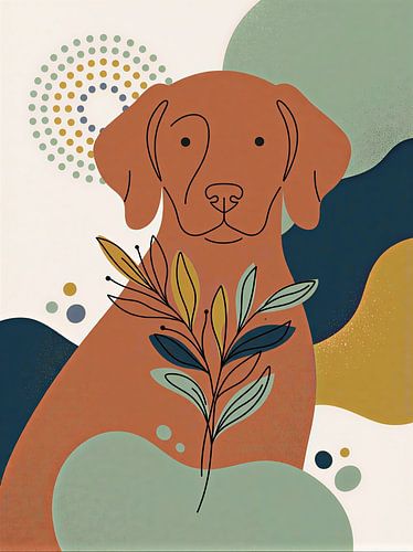 Kunst im Mid-Century-Modern-Stil: Labrador-Hund – Minimalistische Boho-Illustration eines Haustiers mit botanischen Elementen