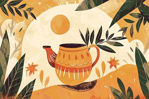 Theepot en bladeren in zonlicht