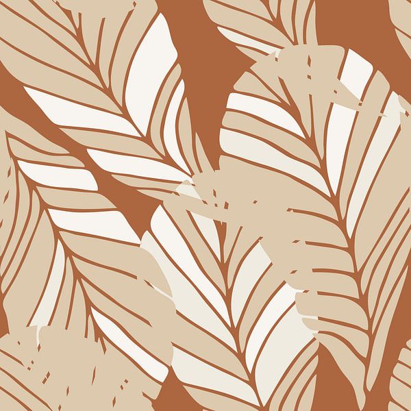 Boho style leaves in retro colors. Modern botanical art in beige, white on terra by Dina Dankers