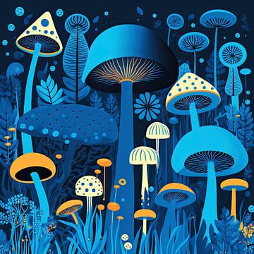 Blue mushrooms in the forest by Vlindertuin Art