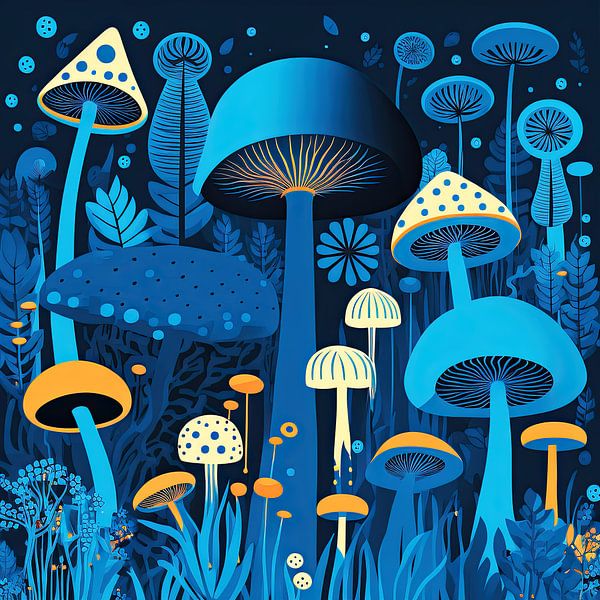 Blue mushrooms in the forest by Vlindertuin-Art